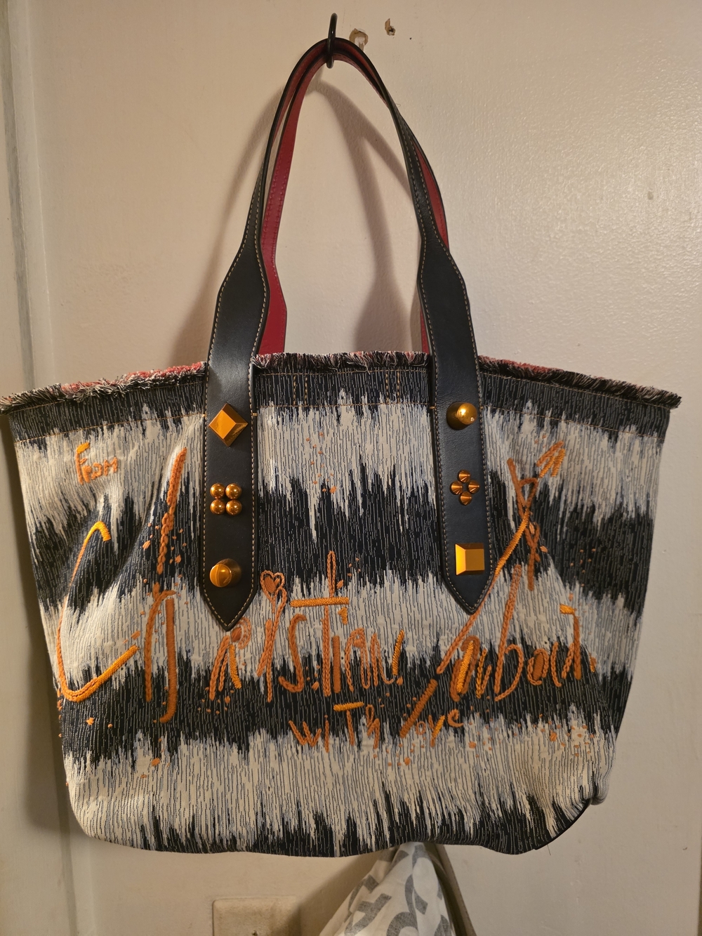 Authentic Christian Louboutin Denim Frangibus Tote Dark Blue